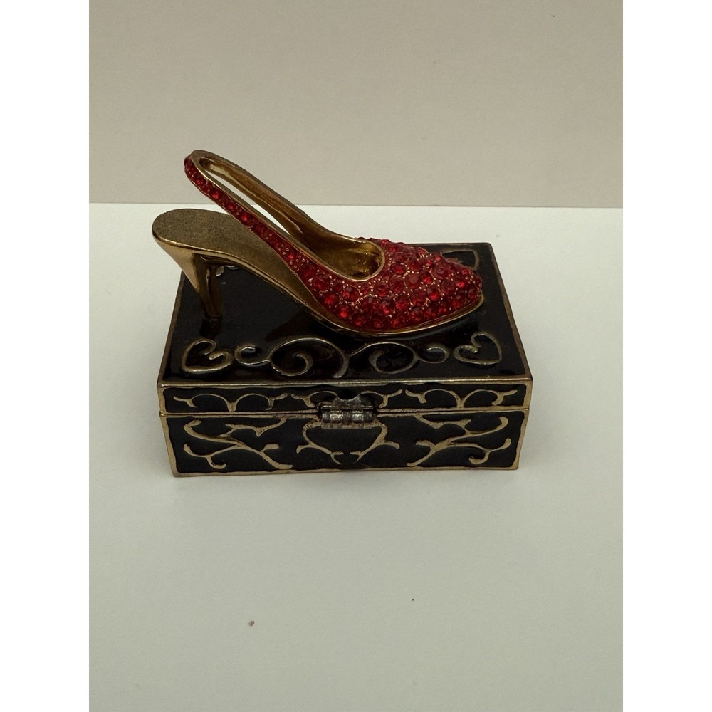Trinket Pill Box Stiletto High Heel Ruby Red Slipper‎ Jeweled Vintage Enamel